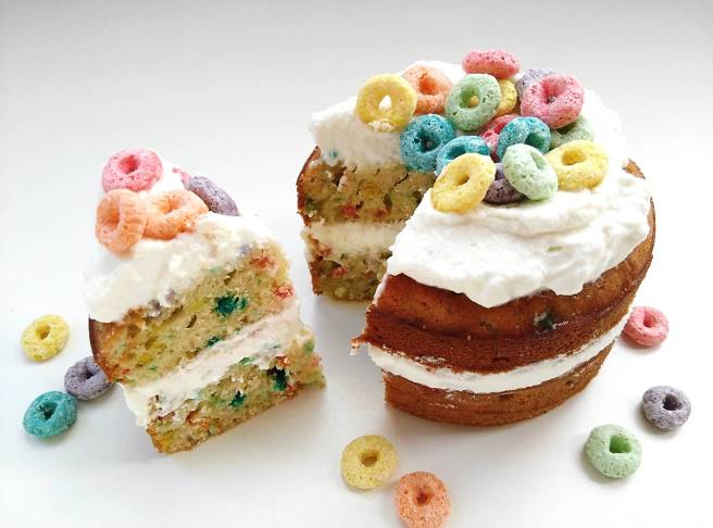 Froot Loops funfetti cake with cereal milk whipped cream
